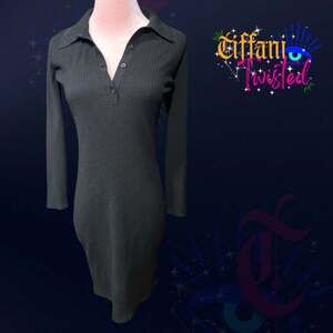 Sunday Best Black Ribbed Knit Collared Midi Dress Long Sleeve Size M